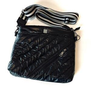 Think Royln Westwood black crossbody bag wide striped strap pink lining